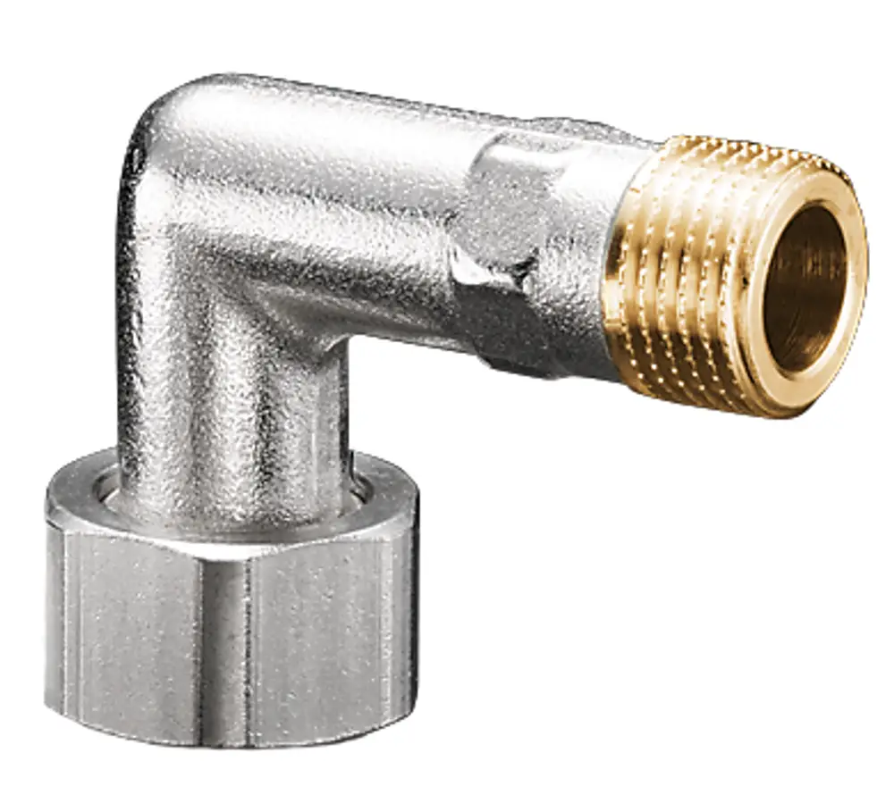 Oventrop Bogenverschraubung aus Metall mit einer abgewinkelten Form, einem Gewinde und einer drehbaren Mutter zur sicheren Verbindung von Rohrleitungen.
